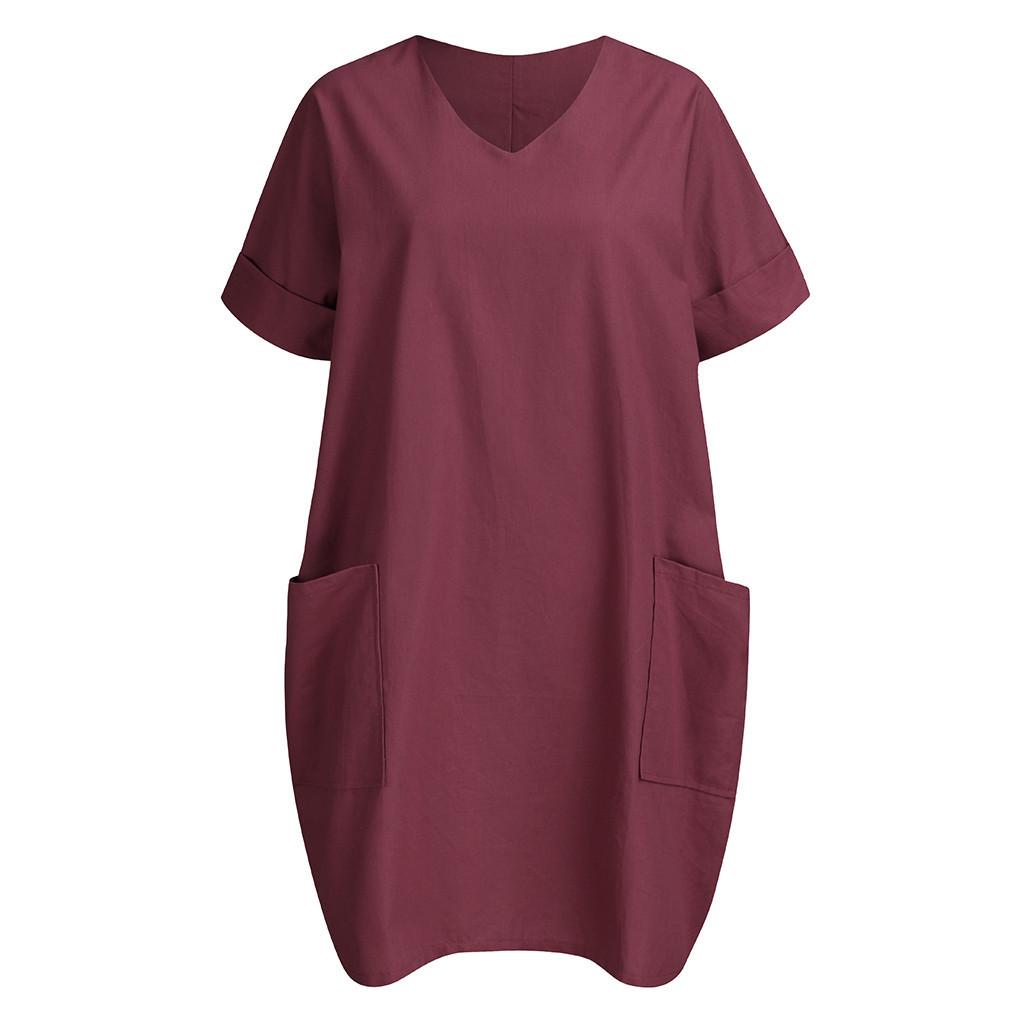 V-neck Short Sleeve Cotton Linen Summer Dress with Pockets