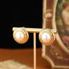 Copper Plated Gold Vintage Pearl Stud Earrings - Elegant Retro Hong Kong Style for Women
