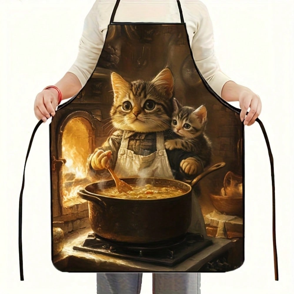 Delantal de Gato Lindo, Estampado de Gato Mamá y Bebé Cocinando Delantal de Cocina, Delantal Divertido de Animal Chef, Regalo para Amante de los Gatos
