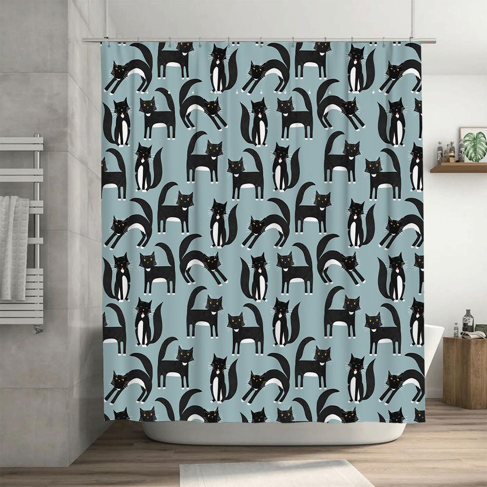 Blue Cats Shower Curtain Decorate Your Bathroom with Stylish Waterproof Fabric Black White Print for Kids Bedroom Easy Installat