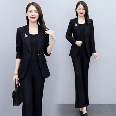 2 peças/conjunto feminino formal casaco calças conjunto gola virada para baixo mangas compridas terno jaqueta ajuste fino cor pura calças largas uso diário roupa de deslocamento escritório