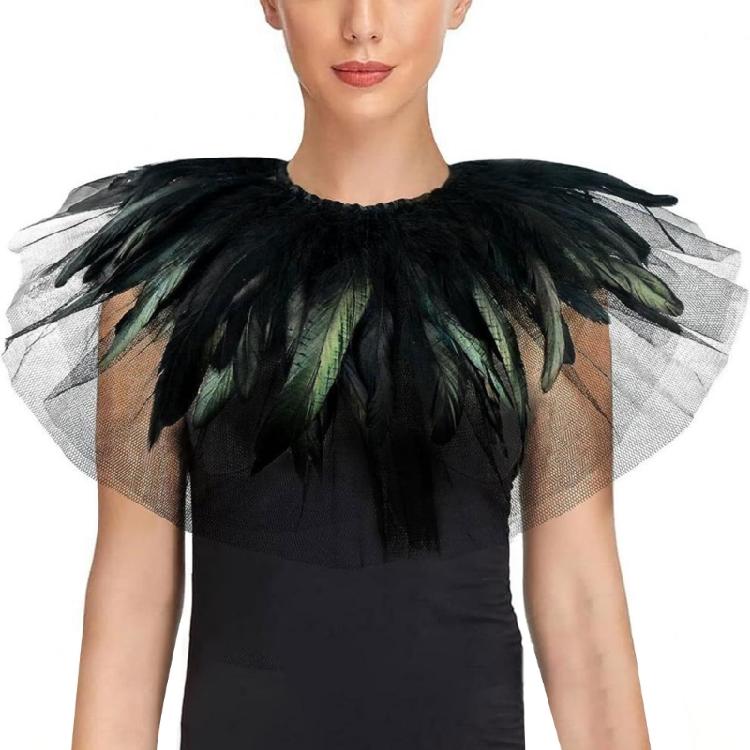 Women's Feather Double Layer Mesh Shrug Capes Shawl False Collar Witch Cosplay Costumes for Halloween Carnivals Party