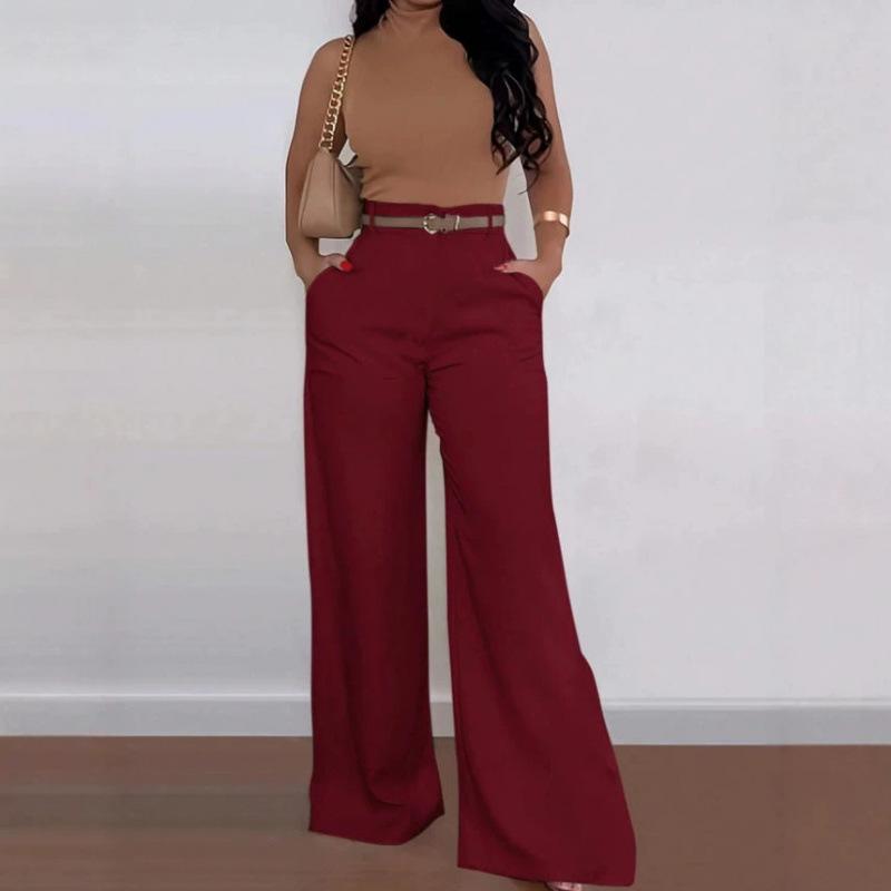 Women High Waist Wide Leg Suit Pants With Decorative Belt Pockets Solid Color Elegant Business Office Formal Long Trousers
