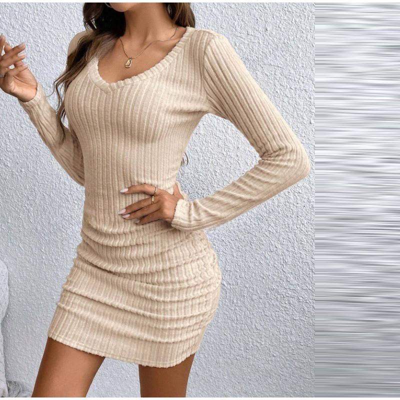 Women's Dresses Autumn Fitting Slim Plain Long Sleeve V-Neck Bodysuit Mini Casual Dresses Sexy Dress for Women
