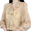2026 Spring French Light Luxury Floral Tie-Up Three-Quarter Sleeve Top
