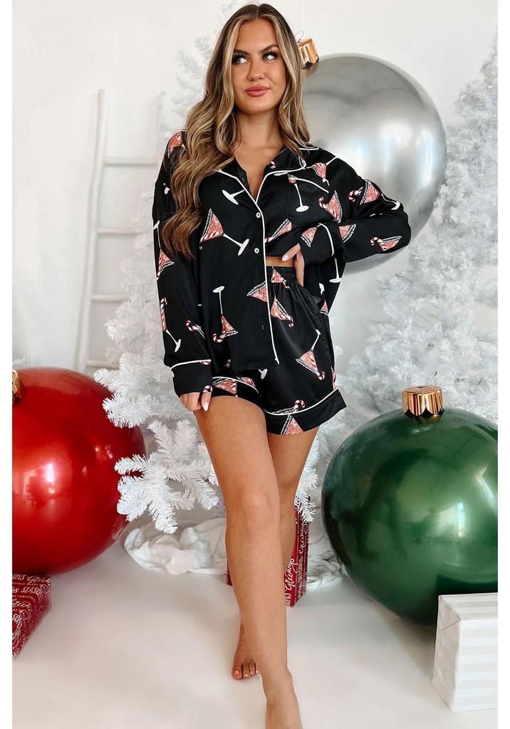 2023 Santa Claus Satin Print Two-Piece Homewear Pajama Set