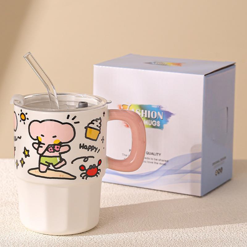 

Cute straw mug, girls water cup, milk cup, ceramic household breakfast cup, coffee cup, couple cup 401-500ml