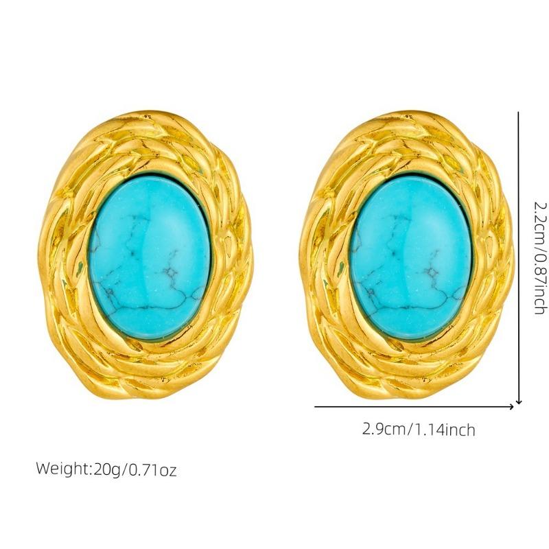 Gold Twisted Border Oval Turquoise Stud Earrings for Women