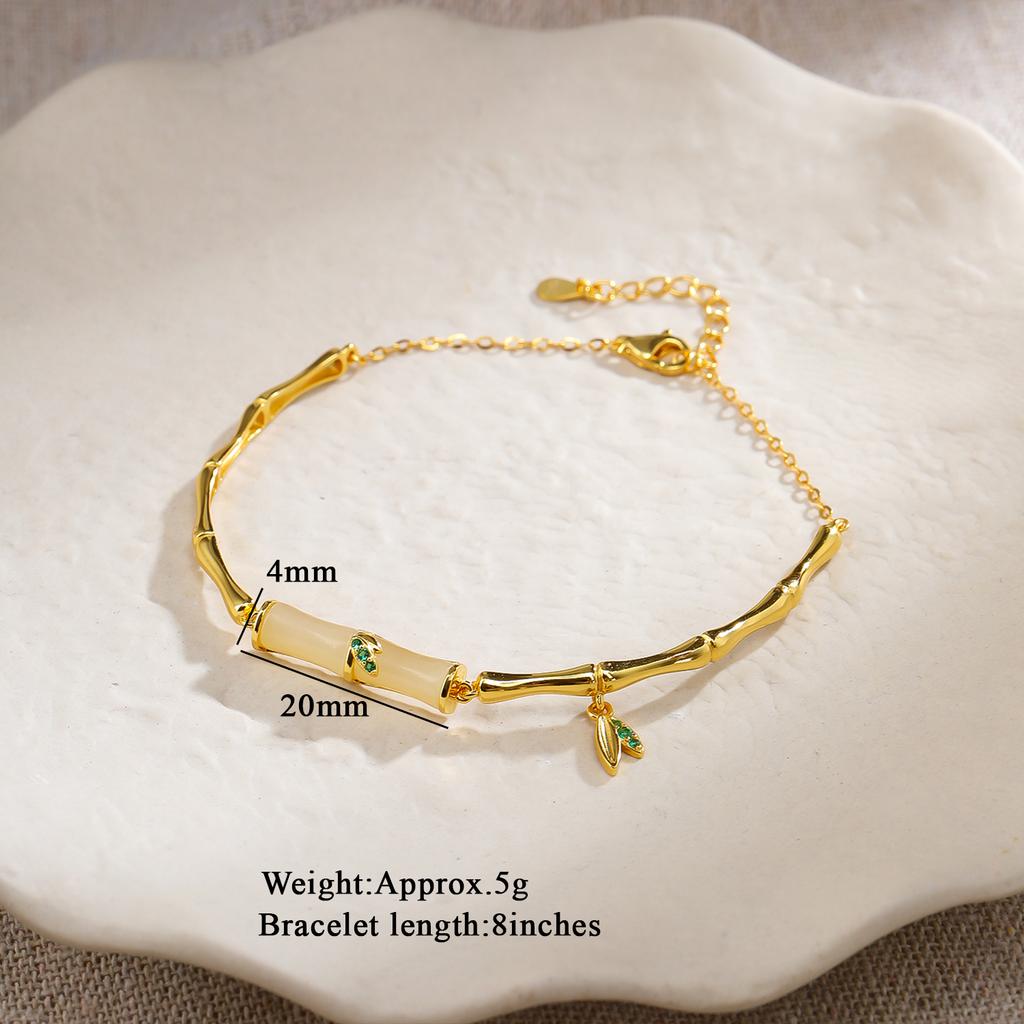 New Sterling Silver Bamboo White Jade Beaded Bracelet Adjustable Chain Women's Gift Jewelry