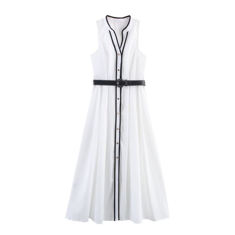 

Kaslead New Women clothes Western Style Contrast Color Trim Belt Midi Dress 8552957 White M