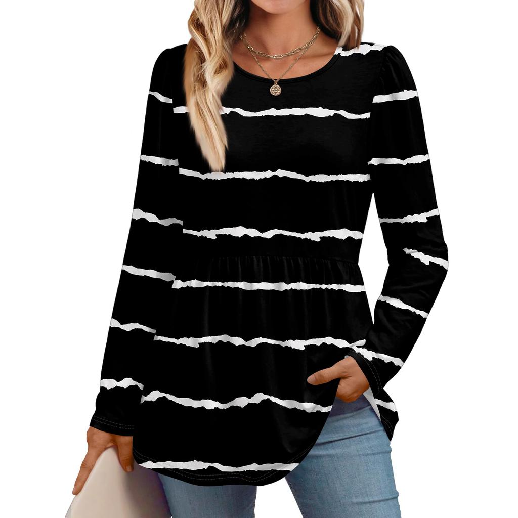 Women's Casual Fashion Long Sleeve Shirt Striped Tunic Top