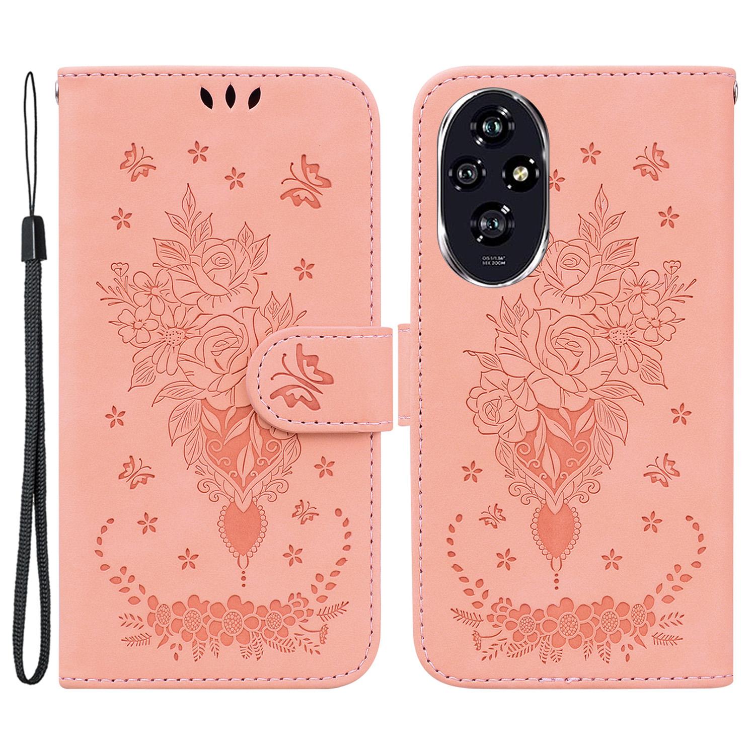 

For Honor 200 5G Stand Case Butterfly Rose Imprint Leather Wallet Phone Cover Pink