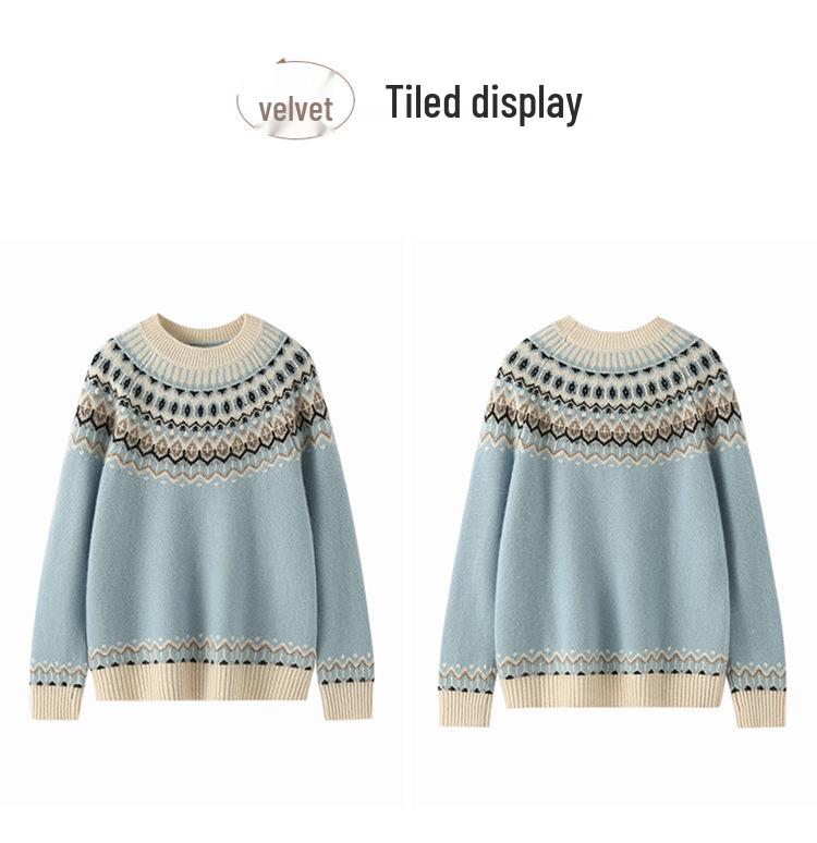 Women's Fair Isle Jacquard Cashmere Sweater - Versatile Round Neck Knit for Autumn/Winter