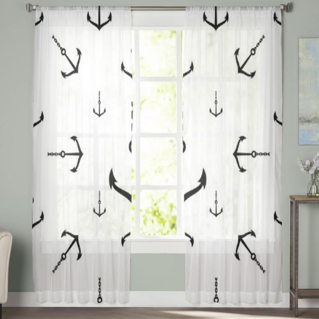 Anchor Icon Pattern Tulle Curtains For Living Room Decoration Modern Veil Chiffon Curtains Bedroom Sheer Voile