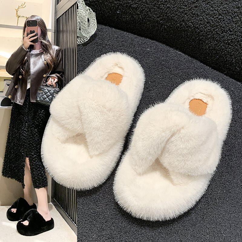 2025 Wear Versatile New Cross Internet Celebrity Fluffy Slippers Thick Bottom Women's Cotton Drag Fashion Autumn and Winter
