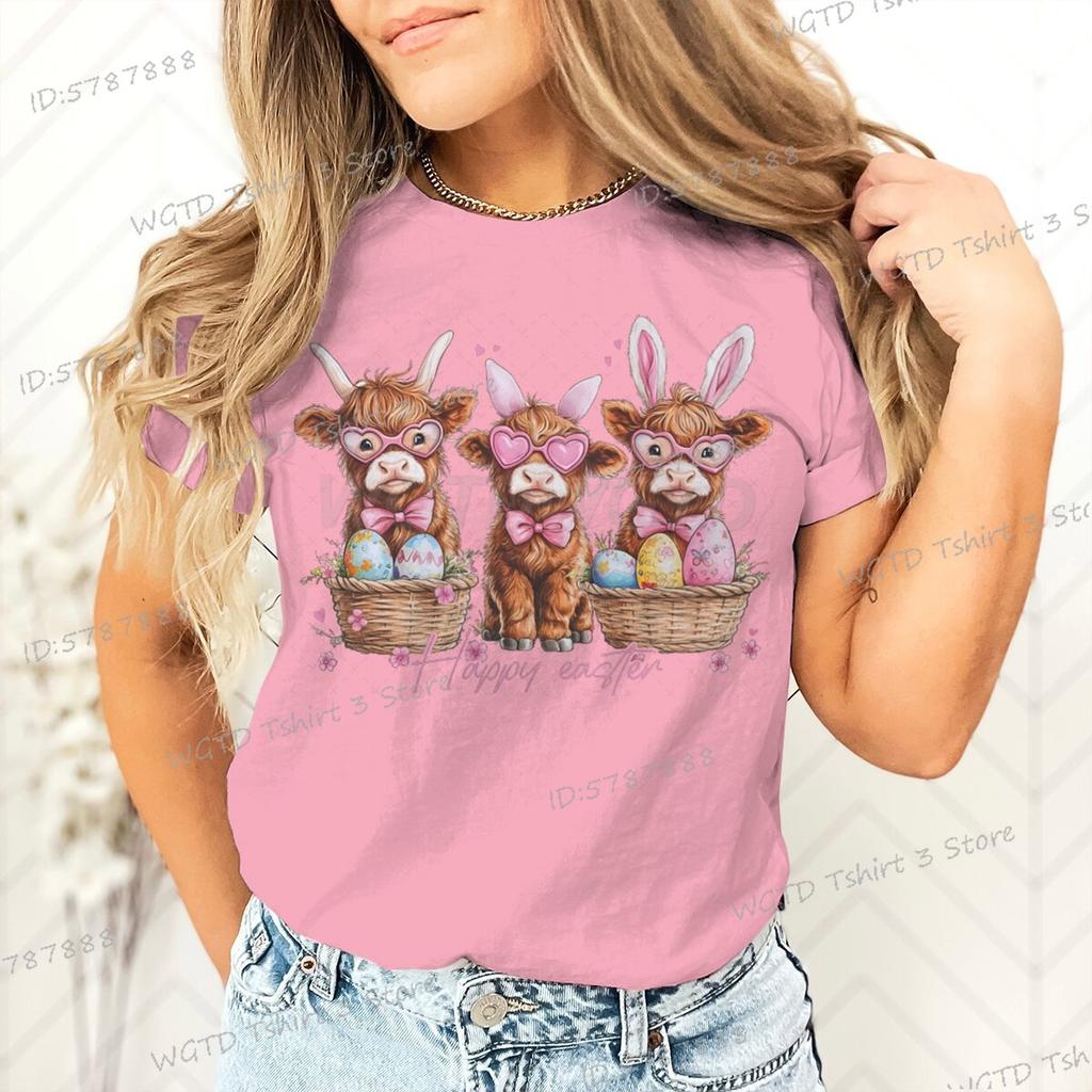 Happy Easter Day T-shirt Female Easter Cute Highland Cow Graphic T Shirts Women Cute Cow Gift for Women Retro Easter Vibes Shirt