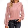Women's Fashionable Long Sleeve Tops Lace  Ruched T-Shirt Solid Round Neck Blouses Casual Top