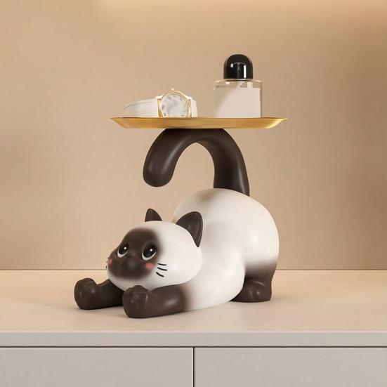 Siamese Cat Statue Candy Bowl Multi-Functional Key Trinkets Jewelry Organizer Dish Holder Home Office Desktop Decoration Ornament