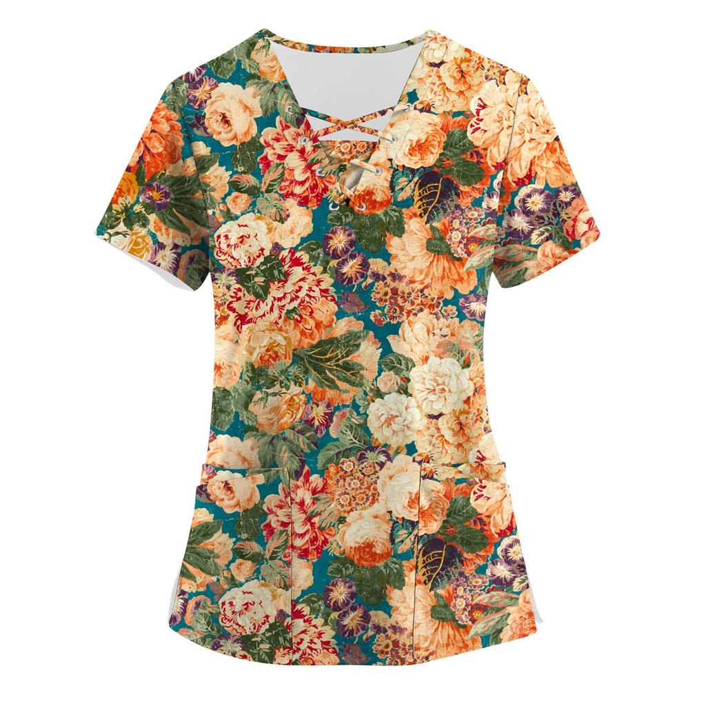 Women's Printing Short Sleeve V-neck Tops Working Pocket Blouse