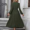 Women Spring Fall Dress V Neck Slim Waist Long Bubble Sleeves A-line Pleated MId-calf Length Flowy Dress Prom Party Dating Midi Dress
