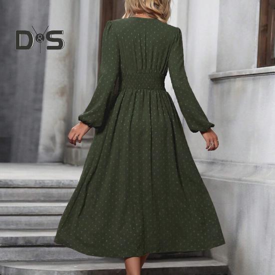 Women Spring Fall Dress V Neck Slim Waist Long Bubble Sleeves A-line Pleated MId-calf Length Flowy Dress Prom Party Dating Midi Dress