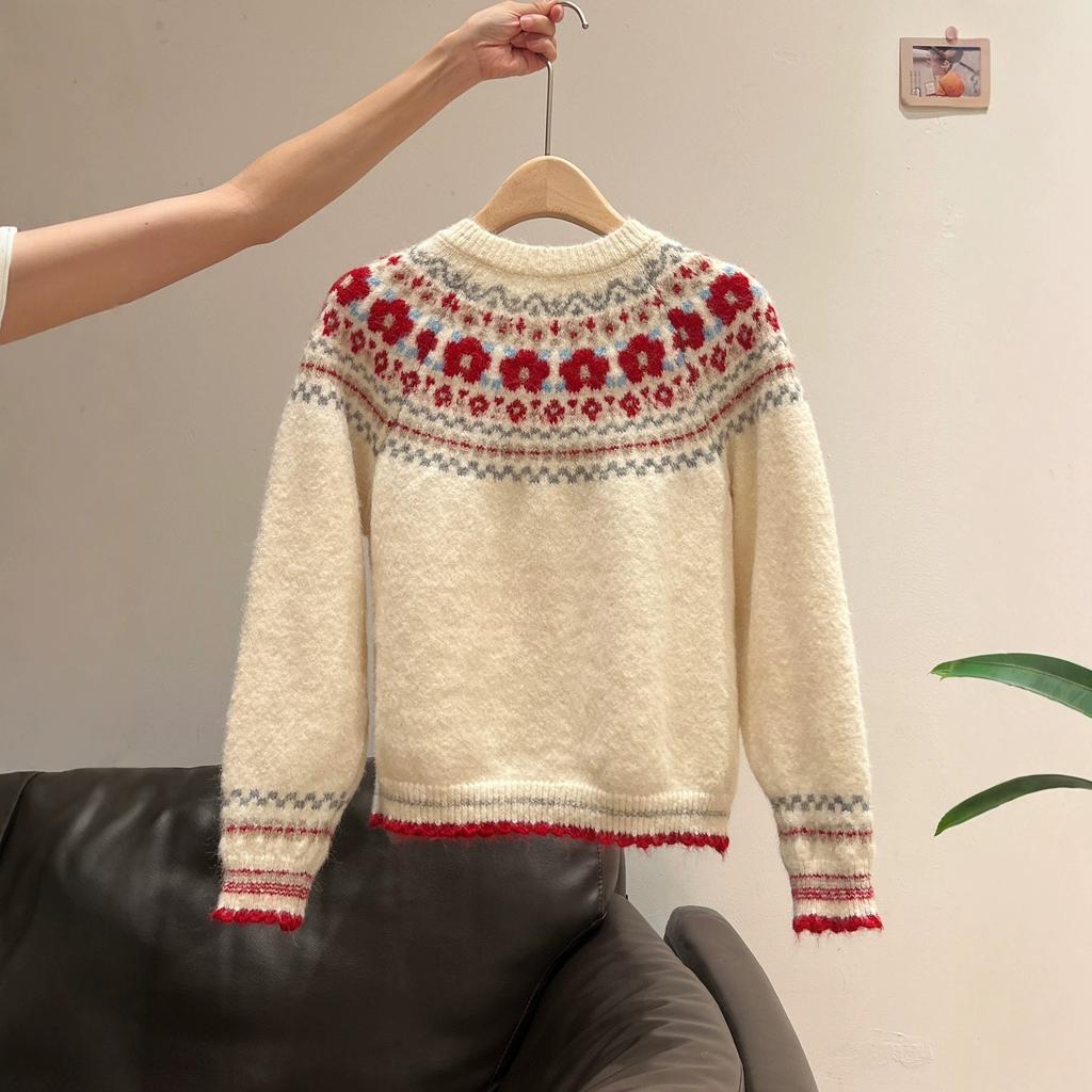 Fair Island Retro Jacquard Knitted Cardigan for Women, Loose and Lazy In Autumn and Winter, Soft and Waxy Atmosphere, Wear a Sweater Jacket