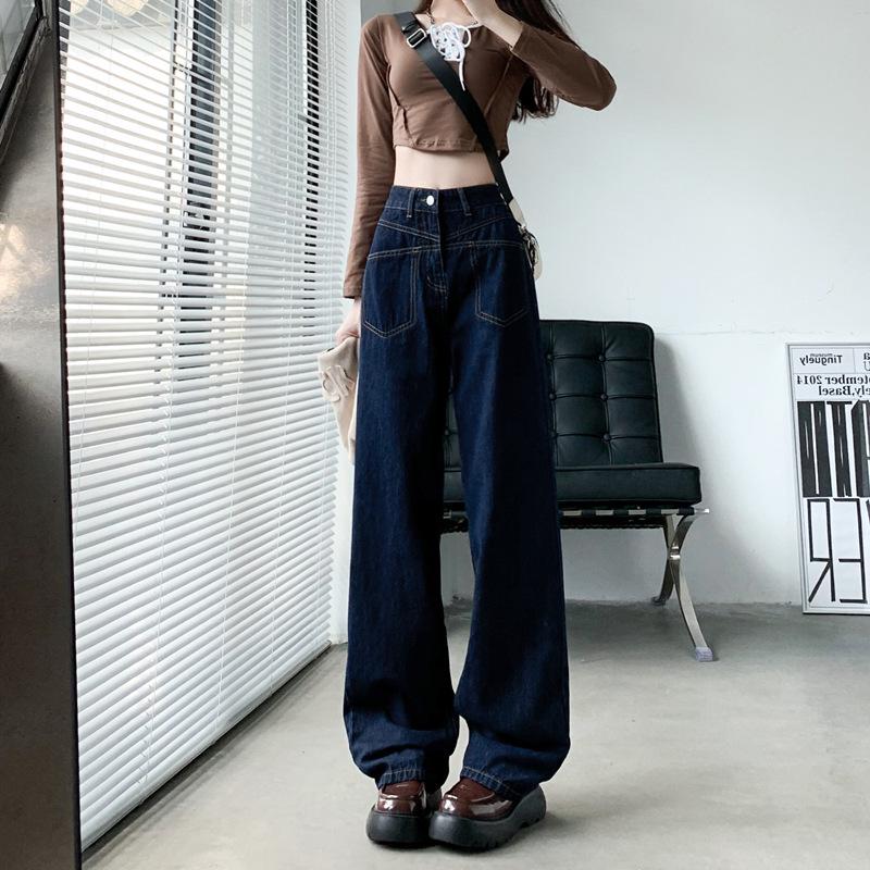 

Women s Dark Blue High-Waist Wide-Leg Denim Jeans: Loose-Fit, Floor-Length, Spring/Summer Fashion. 3XL