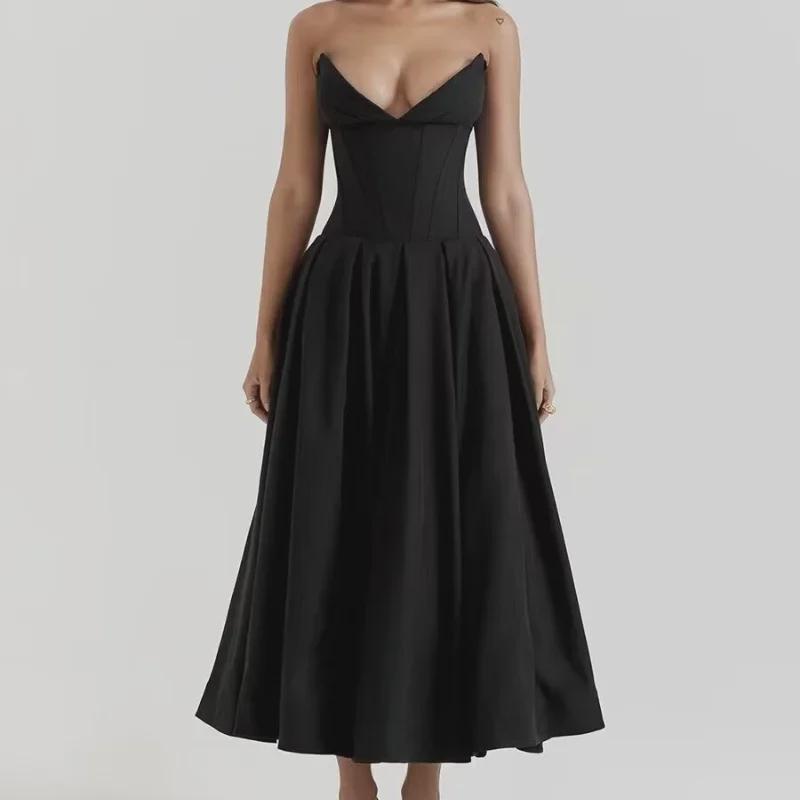 Evropský a americký styl sexy top bez ramínek zeštíhlující dlouhé šaty pro ženy