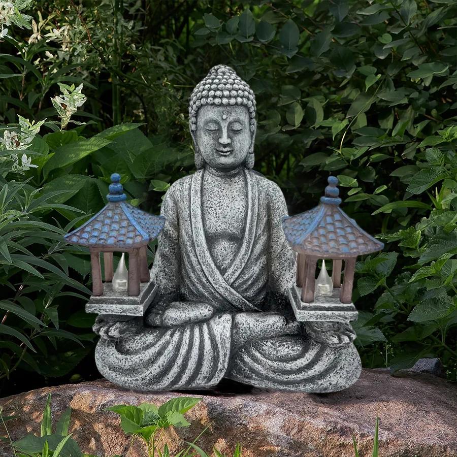 1pc Lighthouse Buddha Statues with LED Lights, Solar-Power Buddha Sculpture Decor for Home Garden, Yard, Patio, Yoga