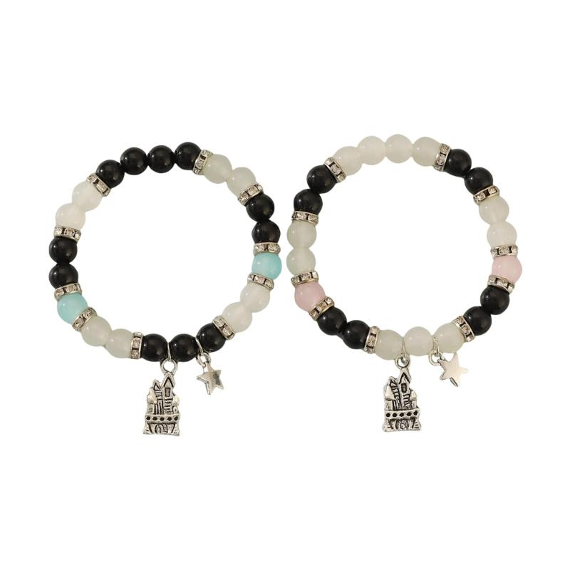 2Pcs Matching ElasticCouple Bracelets Glass Beaded Handchain for Him and Her Adjustable Length Wristchains Jewelry 1