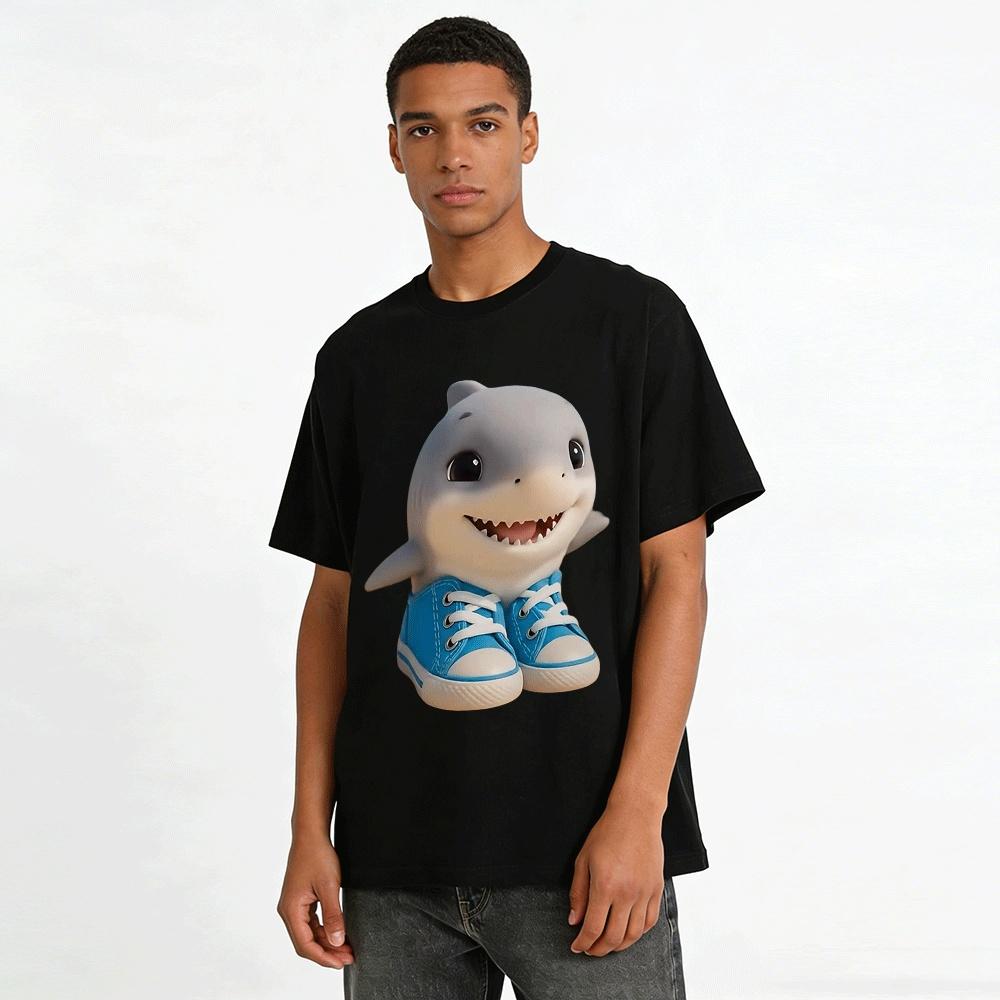 Cute Shark In Canvas Shoes Print Casual Unisex Top Pure Cotton T-shirt