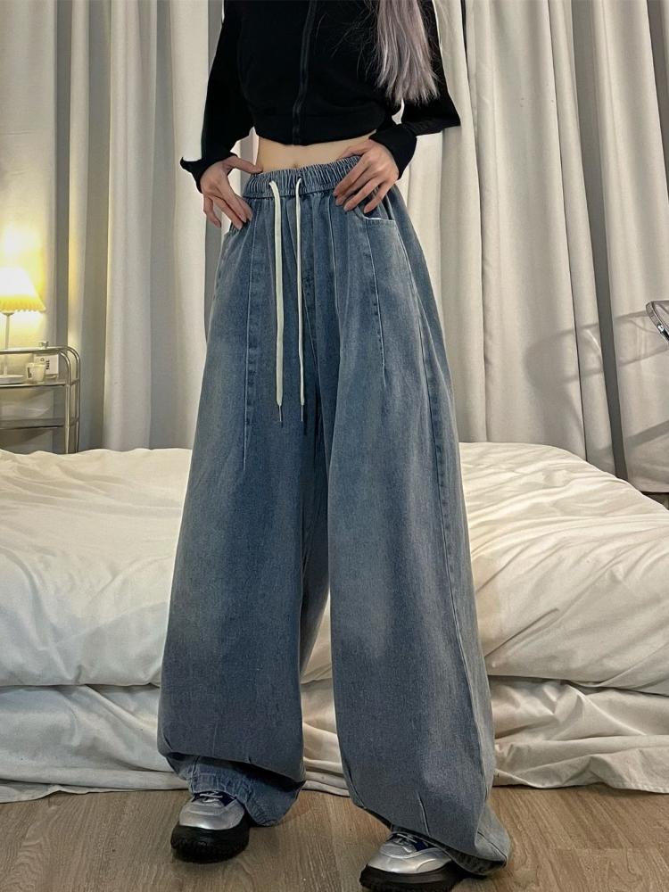 Jarní Vintage Baggy Jeans Elastický pas Ženy Oversized American Denim Široká noha Kalhoty Móda Streetwear Rovné Základní kalhoty Y2k