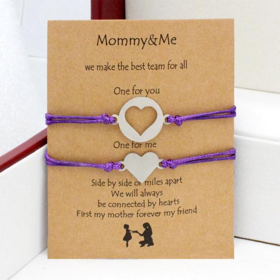 1 Pair Mother Daughter Bracelet Adjustable Woven Rope Casual Geometric All-match Decoration Back To School Gifts Hollow Love Heart Mommy Card Jewelry
