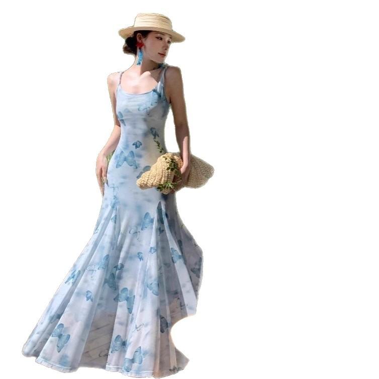New Blue Butterfly Suspender Skirt Women's Summer Design Dress Mesh Drape Waist Fishtail Skirt