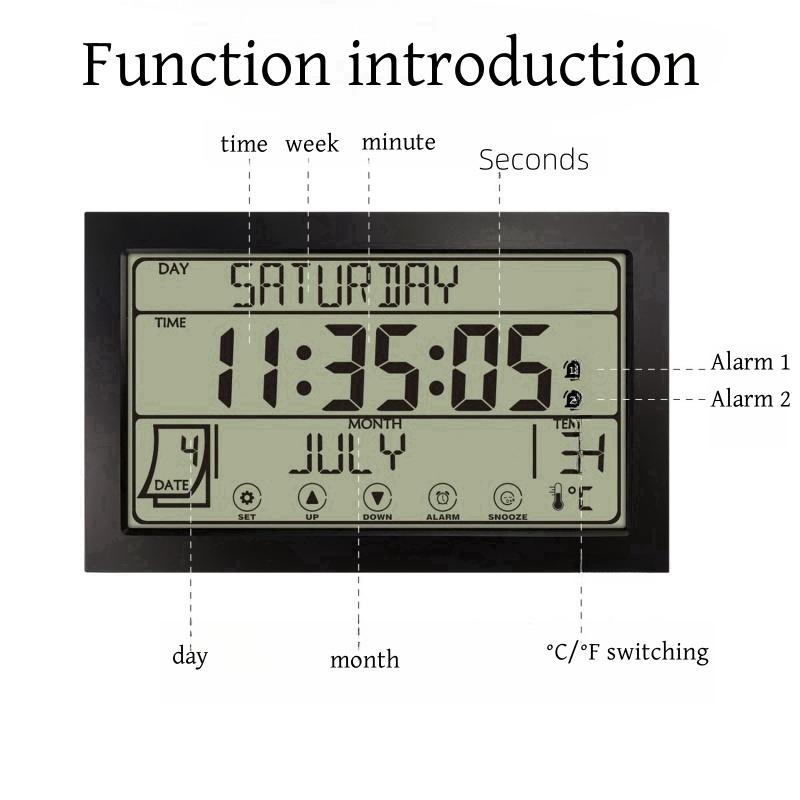 Touchscreen Große digitale Wanduhr Temperatur Datum Woche Schlummerfunktion Batteriebetriebene Tischuhr Doppelalarm 12/24H LCD-Wecker