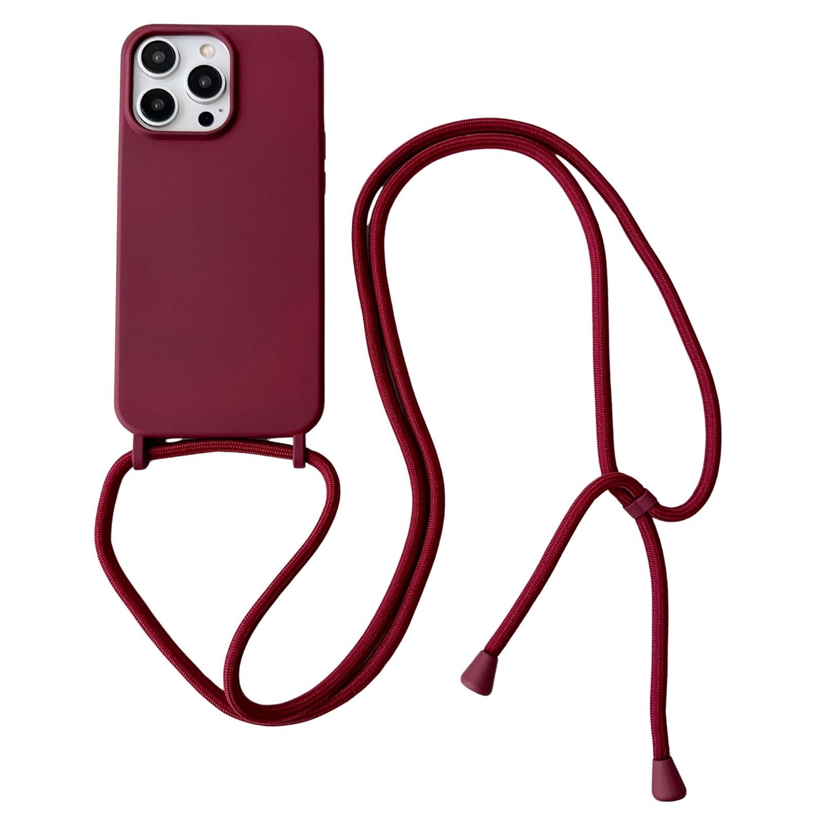

For iPhone 14 Pro Liquid Silicone Case Skin Like Feel Crossbody Phone Cover Wine Red