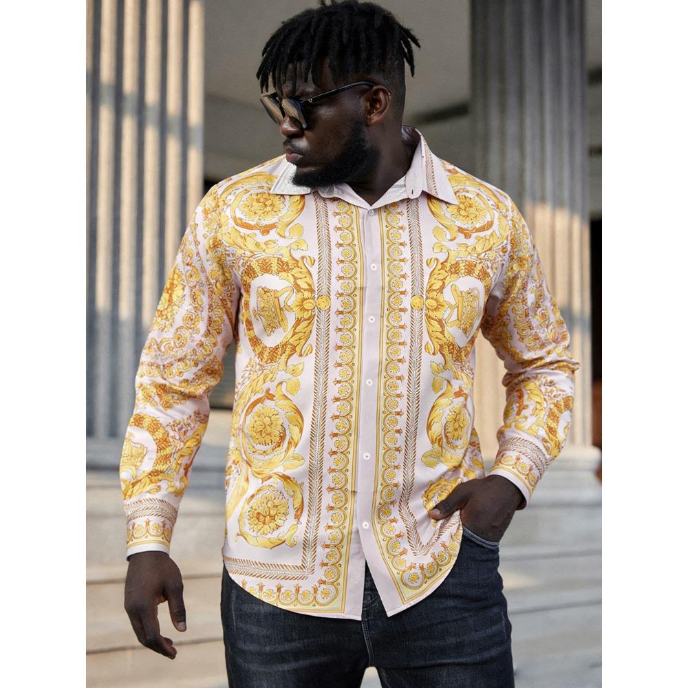 Camicia da Uomo Francese a Maniche Lunghe Fantasia Barocca Stampata ad Alta Definizione Vacanza Hawaiana Abbigliamento Sociale da Uomo Asciugatura Rapida