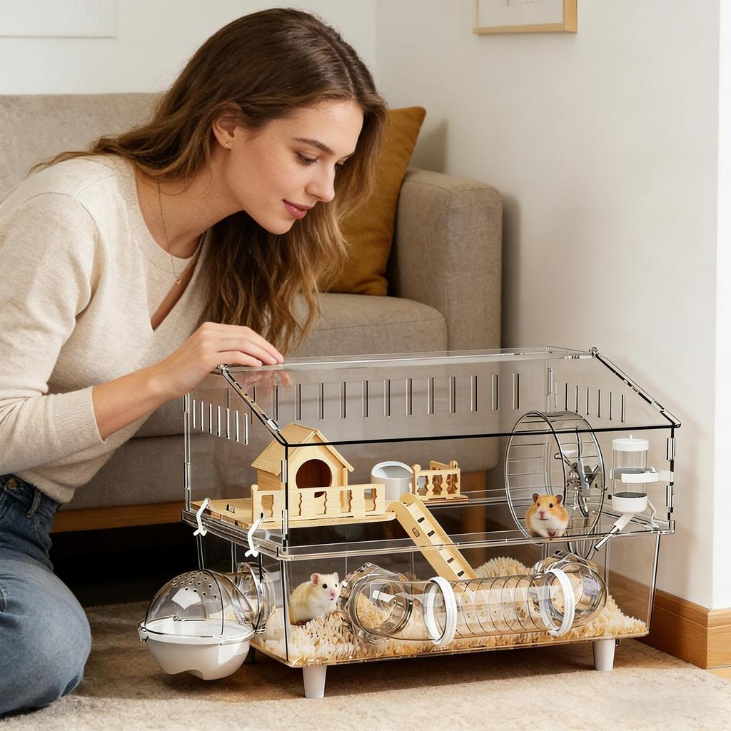 Double-Layer Transparent Acrylic Ferret Cage Hamster Cage Chewproof Large Hamster Cages Bedding Small Animals Enthusiast Home
