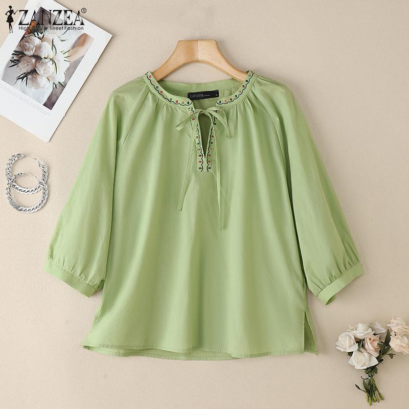 

ZANZEA Women Casual Floral Embroidery V-Neck Loose 3/4 Sleeve Blouse S белый
