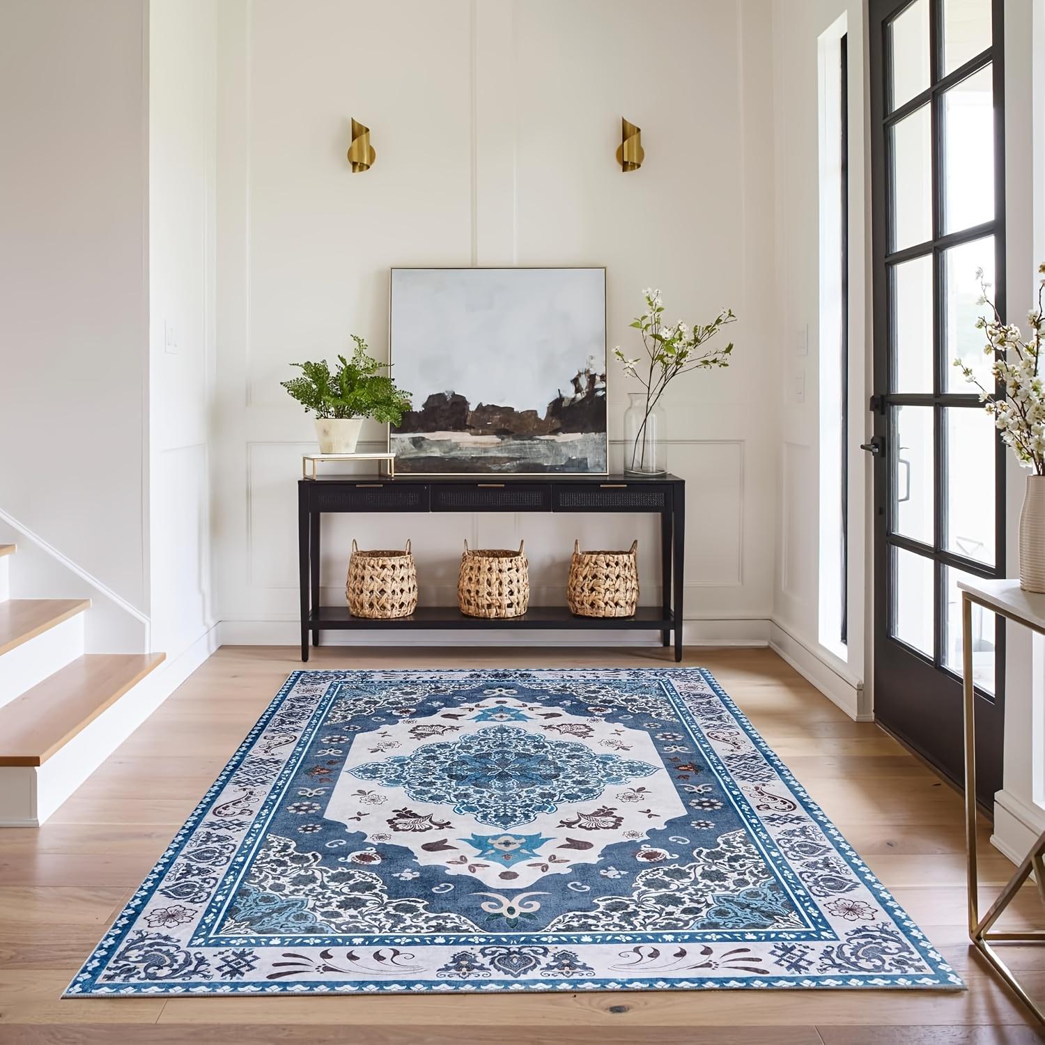 

Ковер для гостиной/спальни Gnizama Vintage, сине-серый, с цветочным узором, моющийся винтажный ковер для гостиной, большой ковер для спальни. 4x6ft 120x180cm сине серый