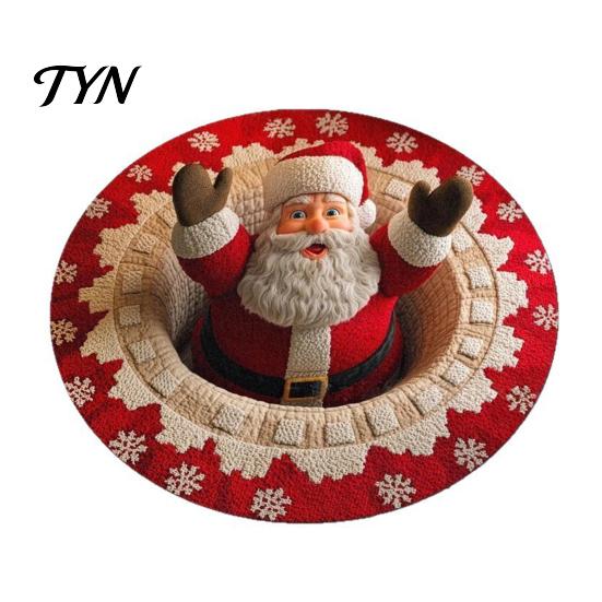 Christmas Themed Home Decor Round Rug, 3D Illusion Mat, Holiday Winter Carpet, Soft Gnome Deer Crystal Velvet Floor Mat Santa House Festive