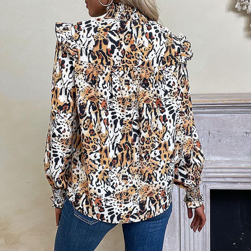 2025 Autumn and Winter New Long Sleeve Leopard Print Women's Half Turtle Collar Flying Sleeve Shirt for Women
