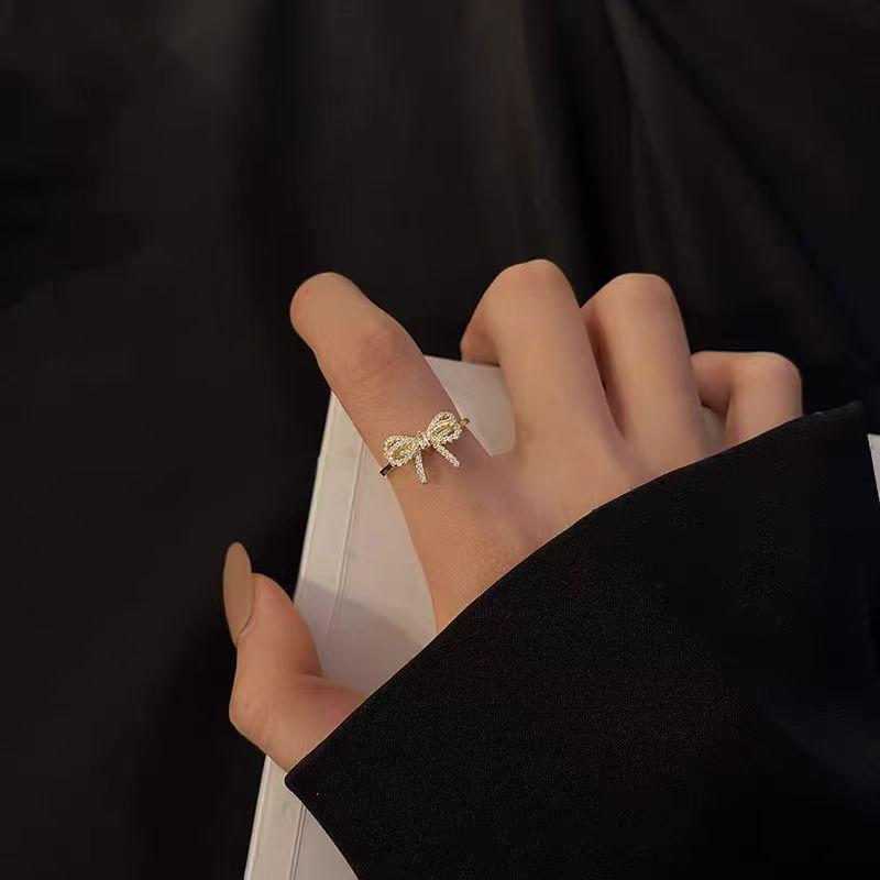 Bow Zircon Ring Women'S Super Flash Micro Inlaid Fashion Versatile Temperament Ring Open Index Finger Ring