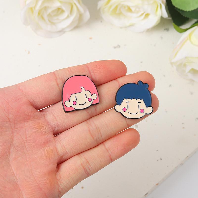 Couple Playful Doll Head Alloy Pins Set Creative Decorative Brooches For Stylish Boys Girls And