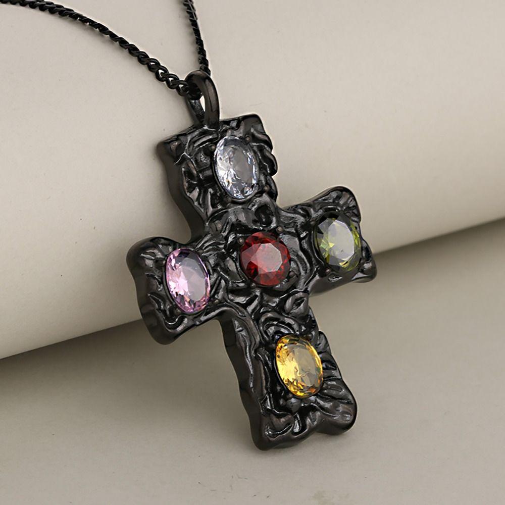 Colorful Crystal Zirconium Pendant Necklaces Hammered Necklace Fashion Cross Necklace  Women Men