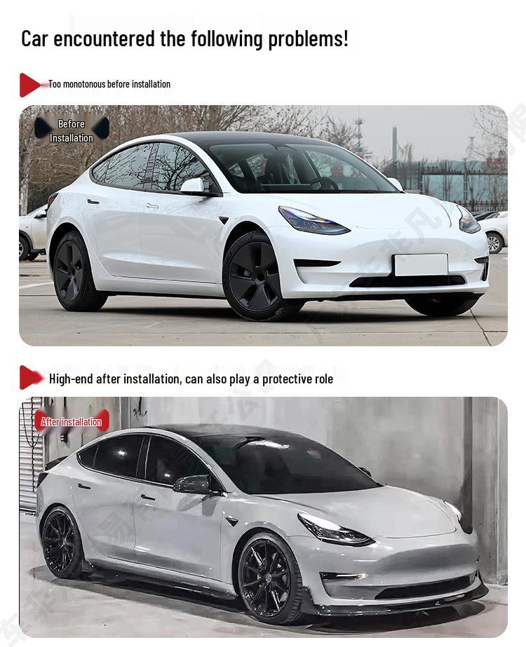 Tesla Model 3 V Style Carbon Fiber Front Lip & Side Skirts Kit