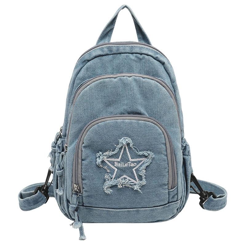 Bolso de Pecho de Mezclilla Gran Capacidad Bolso Cruzado para Mujer Viajero Múltiples Compartimentos Mochila de Estrella de Cinco Puntas