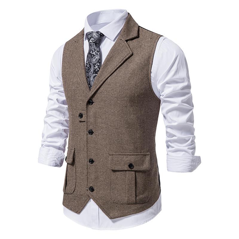 Mens Wool Mix Herringbone Tweed Check Vintage Collar Waistcoat Tailored Fit Vest