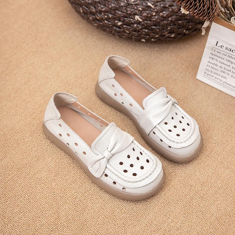Fashion Genuine Leather Soft Sole Shallow Mouth Women's Shoes Hollow Out Breathable Casual Sneakers Comfort Women Flat Single Shoes