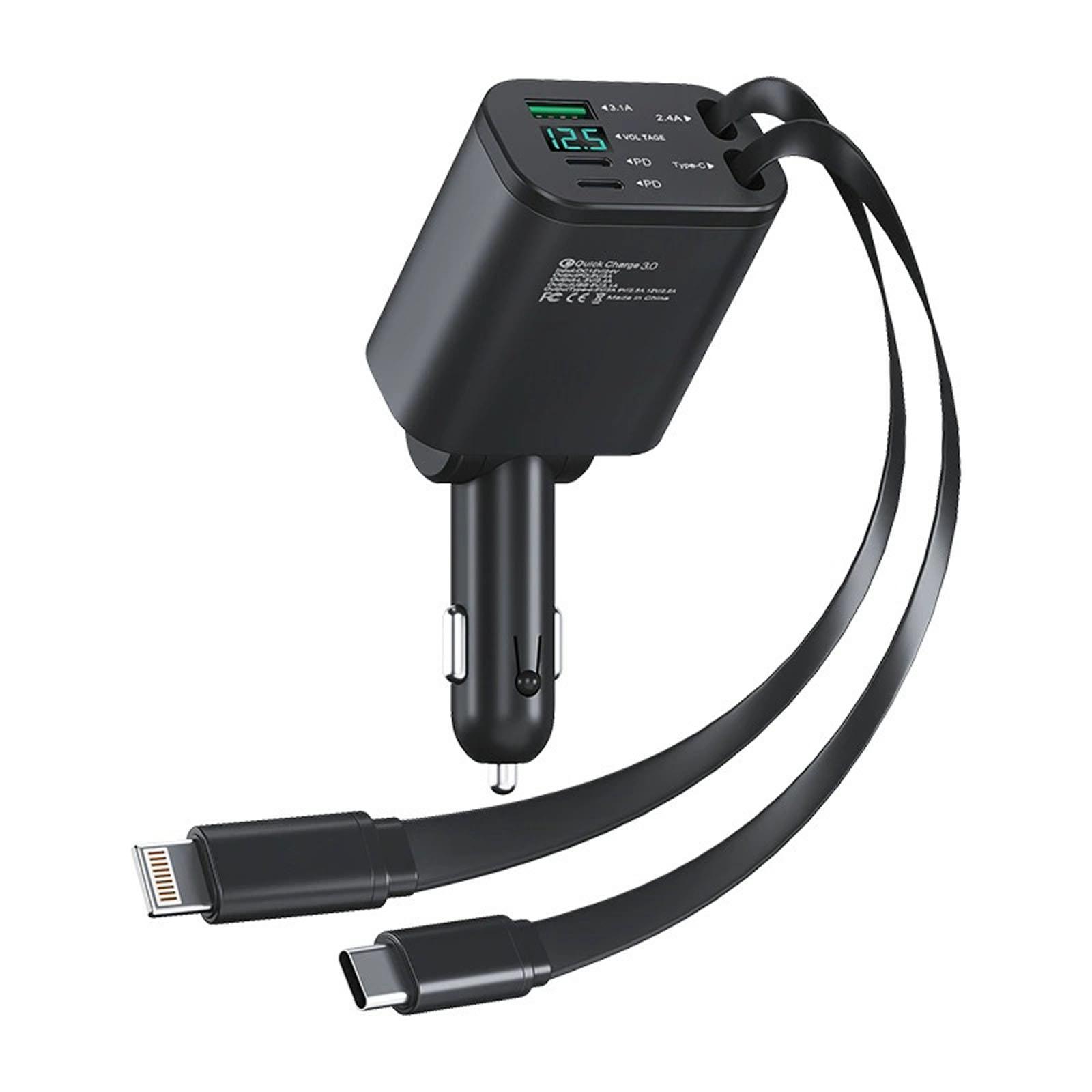 

Car Charger with Retractable Cable 5-in-1 Multi-Port Fast Charging Adapter Compatible with Apple Lightning Type-C Dual USB Output Total 80W Power One Size чорний
